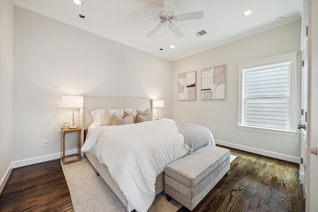 2108 Bidwell Dr, Houston, TX 77018 - bedroom featuring dark wood-type flooring, crown molding, recessed lighting, and ceiling fan