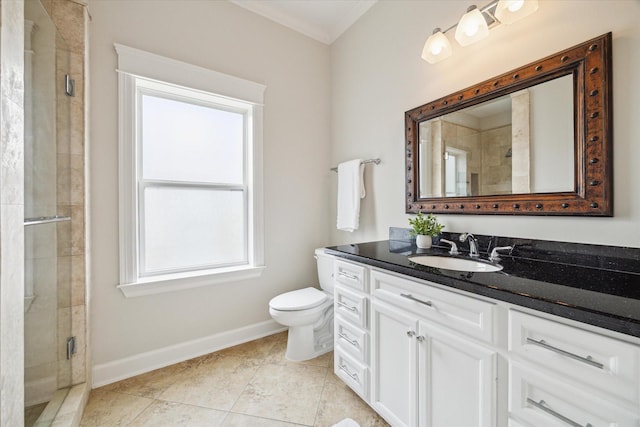 2108 Bidwell Dr, Houston, TX 77018 - bathroom with healthy amount of natural light, vanity, a shower stall, ornamental molding, and tile patterned floors