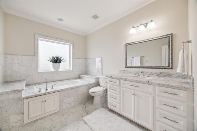 2108 Bidwell Dr, Houston, TX 77018 - full bath featuring ornamental molding, a garden tub, vanity, and marble finish flooring