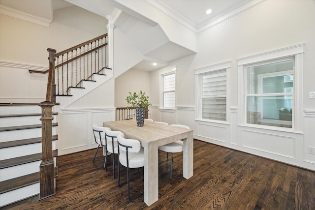 2108 Bidwell Dr, Houston, TX 77018 - dining space featuring a decorative wall, ornamental molding, dark wood-type flooring, stairs, and wainscoting