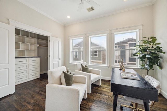 2108 Bidwell Dr, Houston, TX 77018 - office area with plenty of natural light, ceiling fan, crown molding, dark wood-style floors, and recessed lighting