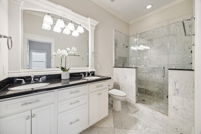 2108 Bidwell Dr, Houston, TX 77018 - full bathroom featuring double vanity, a shower stall, marble look tile flooring, ornamental molding, and recessed lighting