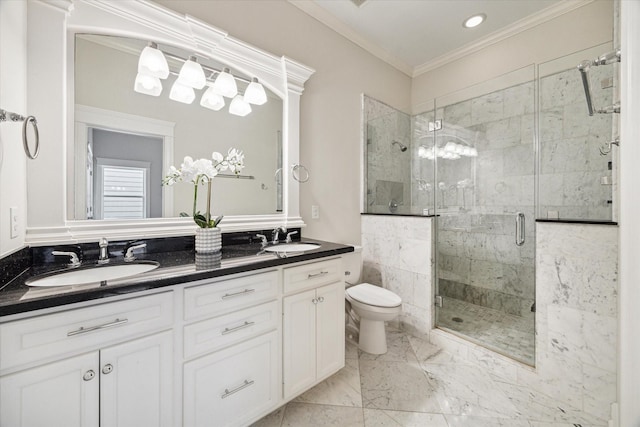 2108 Bidwell Dr, Houston, TX 77018 - bathroom with double vanity, a stall shower, marble finish floors, ornamental molding, and recessed lighting