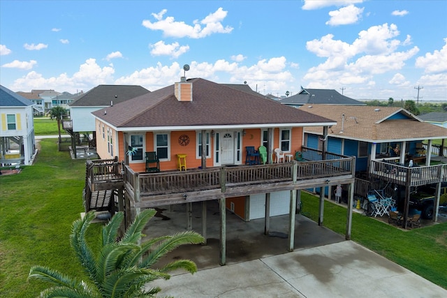 989 Biscayne, Crystal Beach, TX 77650 - back of property with driveway, roof with shingles, a chimney, an attached garage, and covered porch