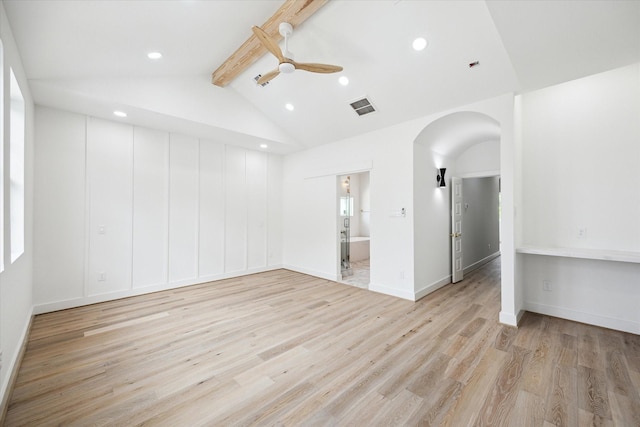 2221 Bevis St, Houston, TX 77008 - spare room featuring arched walkways, light wood-style floors, a ceiling fan, and recessed lighting