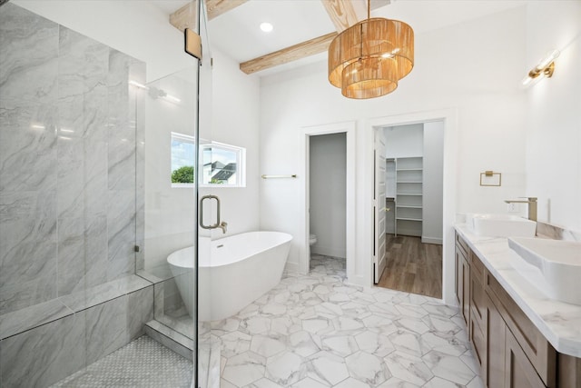 2221 Bevis St, Houston, TX 77008 - bathroom featuring a stall shower, a freestanding tub, marble finish floors, double vanity, and beamed ceiling