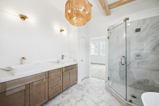 2221 Bevis St, Houston, TX 77008 - bathroom featuring a marble finish shower, double vanity, marble finish flooring, and beamed ceiling