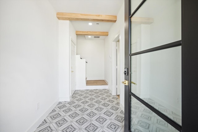 2221 Bevis St, Houston, TX 77008 - hallway featuring light flooring, beam ceiling, and recessed lighting