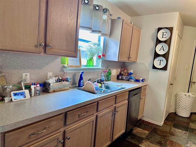 11815 Pebble Sands Dr, Tomball, TX 77375 - kitchen with light countertops, dark stone finish flooring, dishwasher, and backsplash