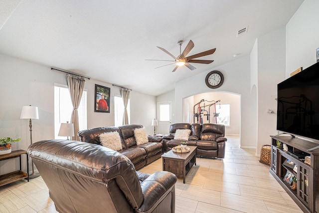 21323 Cypress Live Oak, Cypress, TX 77433 - living area with vaulted ceiling, ceiling fan, and arched walkways