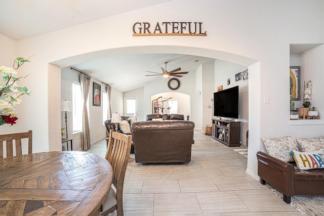 21323 Cypress Live Oak, Cypress, TX 77433 - dining area with arched walkways, a ceiling fan, and vaulted ceiling