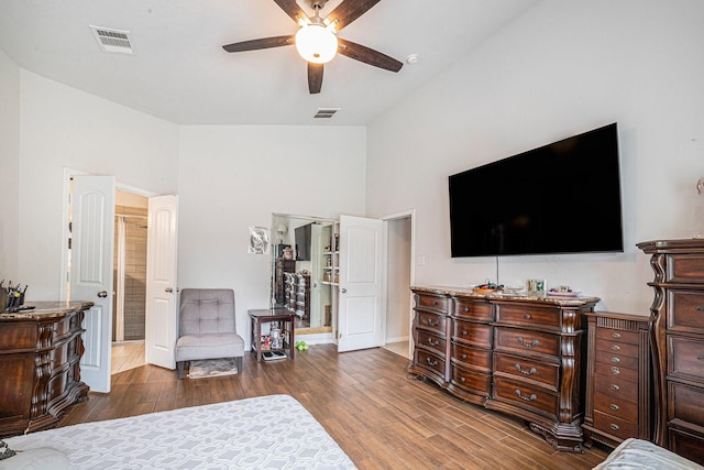 21323 Cypress Live Oak, Cypress, TX 77433 - bedroom with wood finished floors, high vaulted ceiling, and ceiling fan