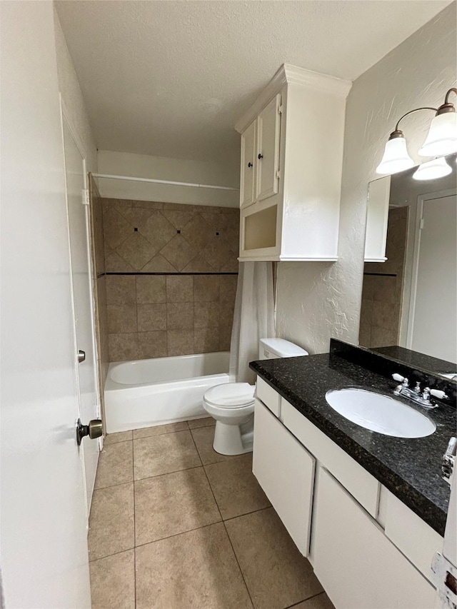 8405 Wilcrest Dr Unit 1606, Houston, TX 77072 - bathroom with vanity, tile patterned flooring, shower / bathtub combination with curtain, a textured wall, and a textured ceiling