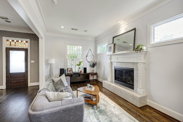 818 Waverly St, Houston, TX 77007 - living room featuring wood finished floors, a fireplace, ornamental molding, and recessed lighting