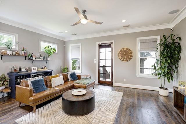 818 Waverly St, Houston, TX 77007 - living area with a ceiling fan, wood finished floors, ornamental molding, and recessed lighting