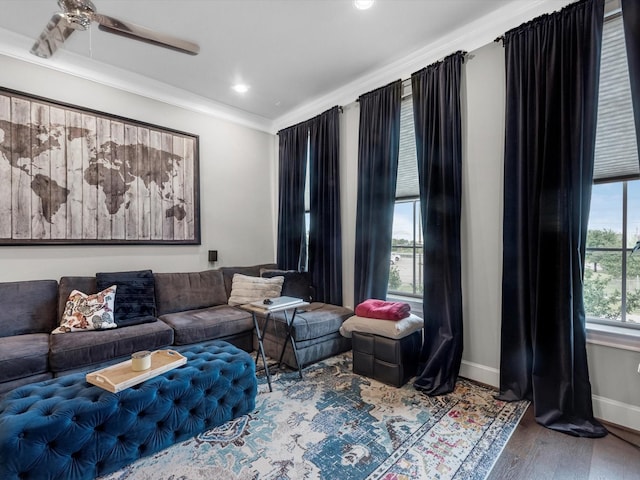 9660 Knight Rd, Houston, TX 77045 - living area with ceiling fan, wood finished floors, ornamental molding, and recessed lighting