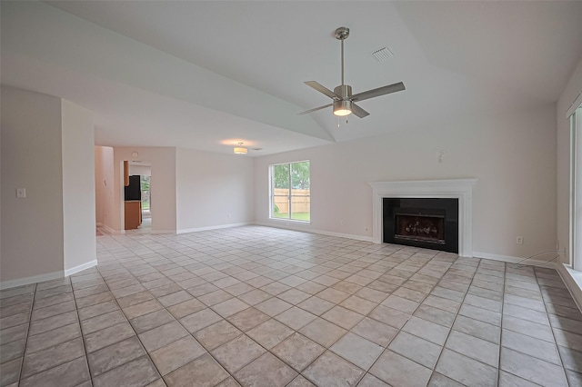 4001 Spring Garden Dr, Pearland, TX 77584 - unfurnished living room with light tile patterned flooring, a ceiling fan, a fireplace, and lofted ceiling