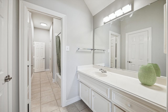 5602 Bergenfield Ct, Katy, TX 77450 - full bathroom with tile patterned floors, vanity, shower / bath combo, and lofted ceiling
