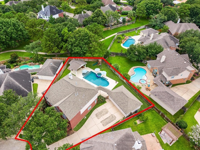 5602 Bergenfield Ct, Katy, TX 77450 - aerial view of residential area with a pool and property parcel outlined