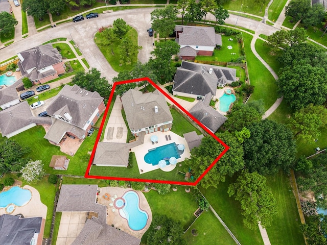5602 Bergenfield Ct, Katy, TX 77450 - aerial view of residential area with a pool area and property boundaries highlighted