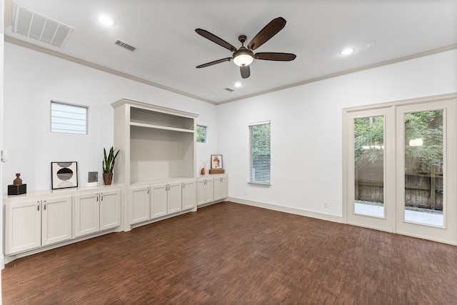 10 Jarvis Row Cir, The Woodlands, TX 77380 - empty room with a ceiling fan, dark wood finished floors, ornamental molding, and recessed lighting