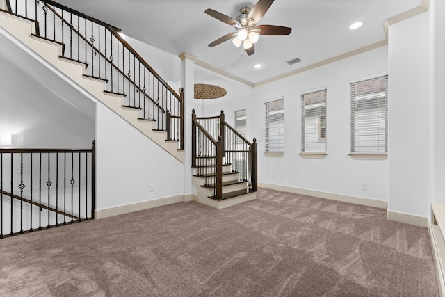 10 Jarvis Row Cir, The Woodlands, TX 77380 - unfurnished living room with ceiling fan, carpet flooring, recessed lighting, crown molding, and stairs
