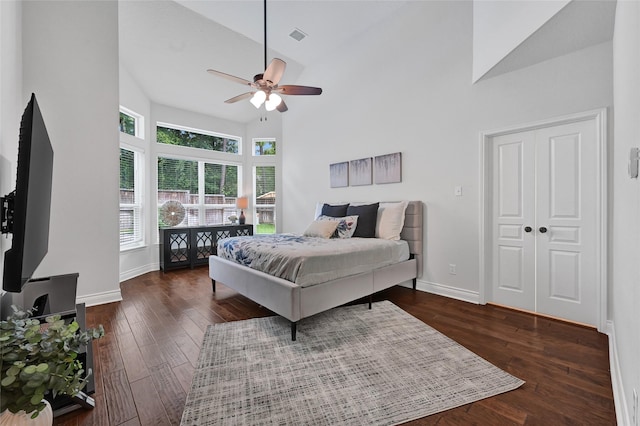 135 Wisteria Walk Cir, The Woodlands, TX 77381 - bedroom featuring high vaulted ceiling, wood finished floors, and ceiling fan