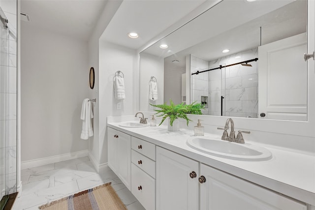 135 Wisteria Walk Cir, The Woodlands, TX 77381 - full bathroom featuring marble look tile flooring, a stall shower, double vanity, and recessed lighting