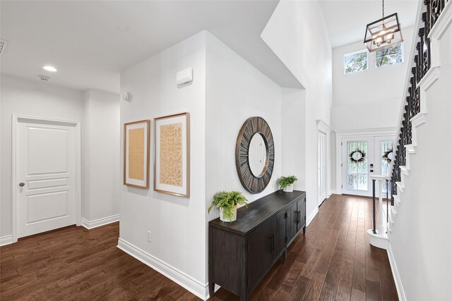 135 Wisteria Walk Cir, The Woodlands, TX 77381 - corridor featuring dark wood-type flooring, a chandelier, and recessed lighting