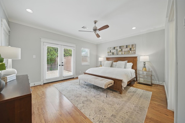 1028 Dunbar St, Houston, TX 77009 - bedroom featuring french doors, access to exterior, ornamental molding, light wood-style flooring, and a ceiling fan
