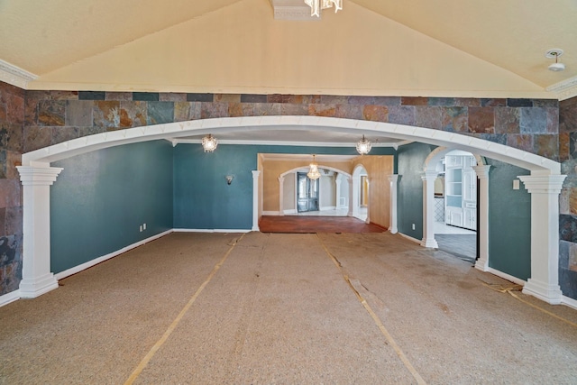 7847 Broadview Dr, Houston, TX 77061 - unfurnished living room with carpet floors, high vaulted ceiling, and arched walkways