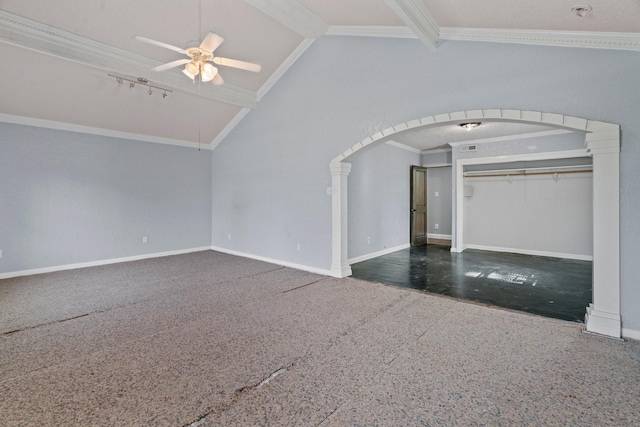 7847 Broadview Dr, Houston, TX 77061 - unfurnished living room with crown molding, arched walkways, and a ceiling fan