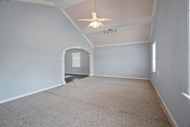 7847 Broadview Dr, Houston, TX 77061 - carpeted spare room featuring vaulted ceiling, crown molding, ceiling fan, and arched walkways