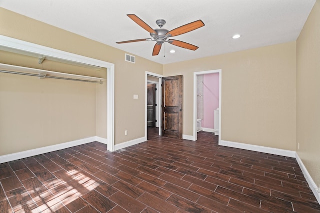 7847 Broadview Dr, Houston, TX 77061 - unfurnished bedroom featuring dark wood-style flooring, recessed lighting, a closet, and ceiling fan