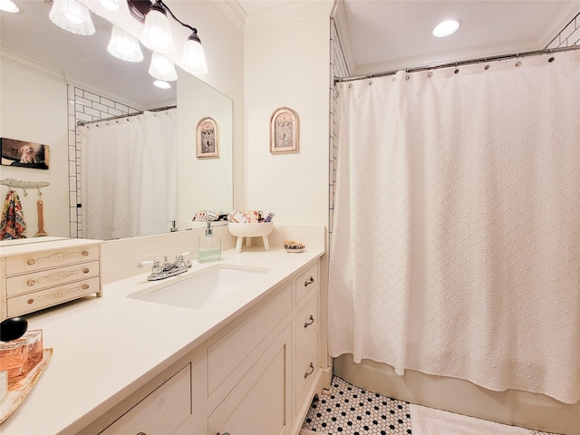 505 S Jackson St, Brenham, TX 77833 - full bathroom with vanity, crown molding, tile patterned floors, recessed lighting, and shower / tub combo