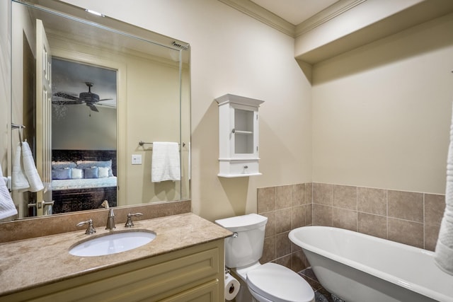 5023 La Branch St, Houston, TX 77004 - ensuite bathroom with a soaking tub, a ceiling fan, vanity, and crown molding