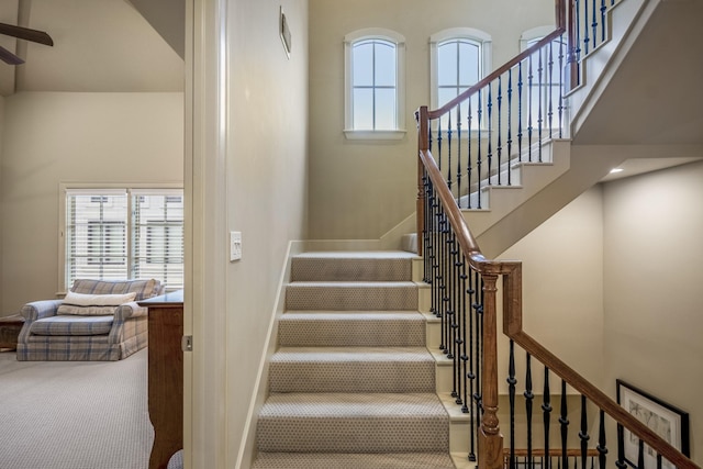 5023 La Branch St, Houston, TX 77004 - stairway with carpet floors and a ceiling fan