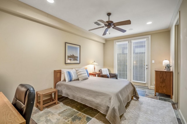 5023 La Branch St, Houston, TX 77004 - bedroom featuring access to exterior, ornamental molding, stone finish floors, recessed lighting, and a ceiling fan
