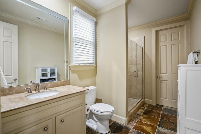 5023 La Branch St, Houston, TX 77004 - full bath featuring a shower stall, vanity, stone tile flooring, and crown molding