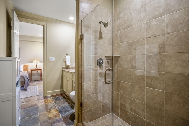 5023 La Branch St, Houston, TX 77004 - full bathroom featuring ensuite bathroom, vanity, a stall shower, stone finish flooring, and recessed lighting