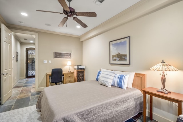 5023 La Branch St, Houston, TX 77004 - bedroom featuring ornamental molding, stone tile floors, recessed lighting, an office area, and ceiling fan