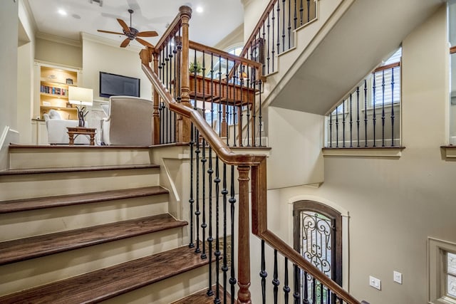5023 La Branch St, Houston, TX 77004 - staircase featuring a ceiling fan, a towering ceiling, recessed lighting, and ornamental molding