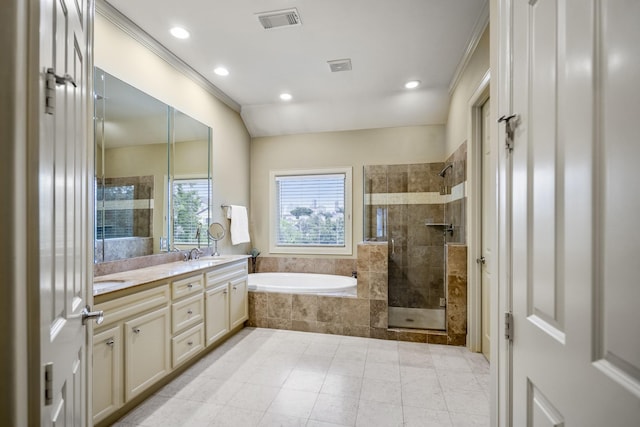 5023 La Branch St, Houston, TX 77004 - full bathroom featuring a bath, double vanity, recessed lighting, tiled shower, and tile patterned flooring