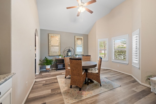 6619 Crystal Forest Trl, Katy, TX 77493 - dining room with ceiling fan, high vaulted ceiling, light wood-style flooring, and arched walkways
