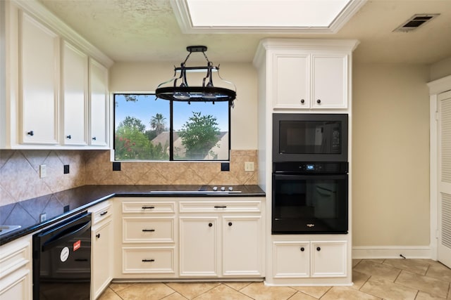 101 Fairway View Ln, Montgomery, TX 77356 - kitchen with black appliances, dark countertops, tasteful backsplash, and light tile patterned flooring