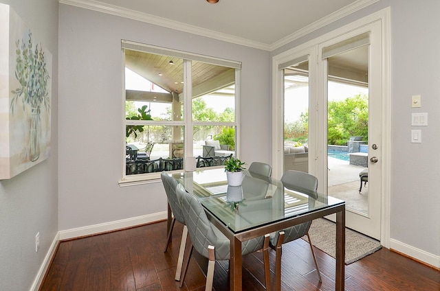 25718 Creek Ledge Dr, Katy, TX 77494 - dining room featuring dark wood finished floors and ornamental molding