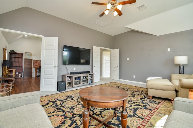 25718 Creek Ledge Dr, Katy, TX 77494 - living room with a ceiling fan and vaulted ceiling