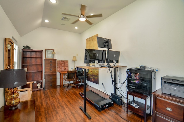 25718 Creek Ledge Dr, Katy, TX 77494 - office area with lofted ceiling, ceiling fan, dark wood-type flooring, and recessed lighting