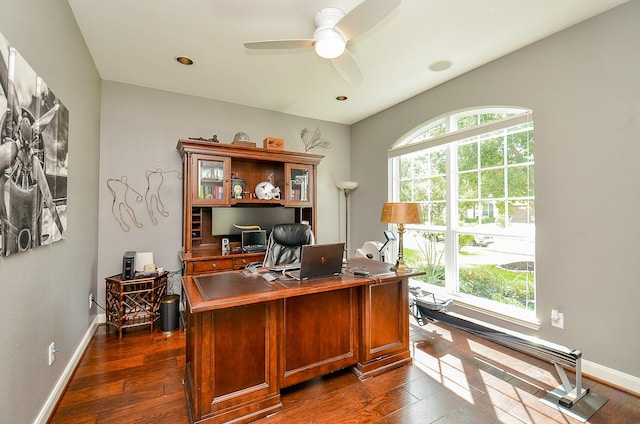 25718 Creek Ledge Dr, Katy, TX 77494 - office space featuring a ceiling fan, dark wood-style flooring, and recessed lighting