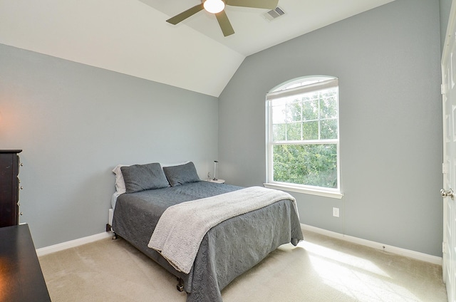 25718 Creek Ledge Dr, Katy, TX 77494 - bedroom featuring light carpet, lofted ceiling, and ceiling fan
